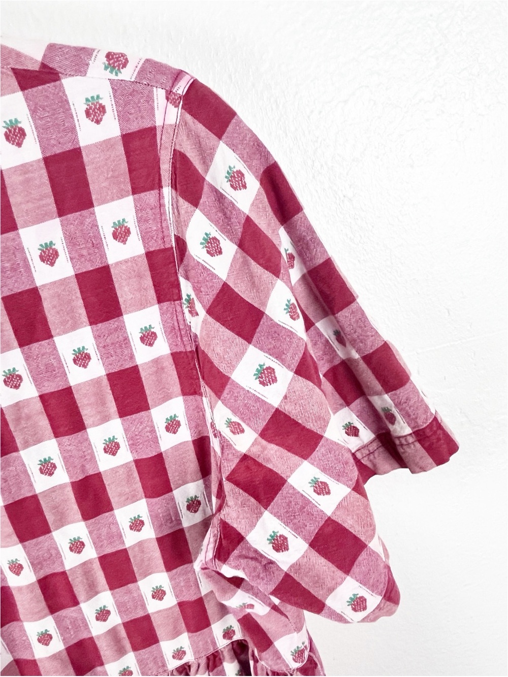 VINTAGE 100% Cotton Red Checkered Strawberries Short Sleeves Button Dress Large - Picture 6 of 9